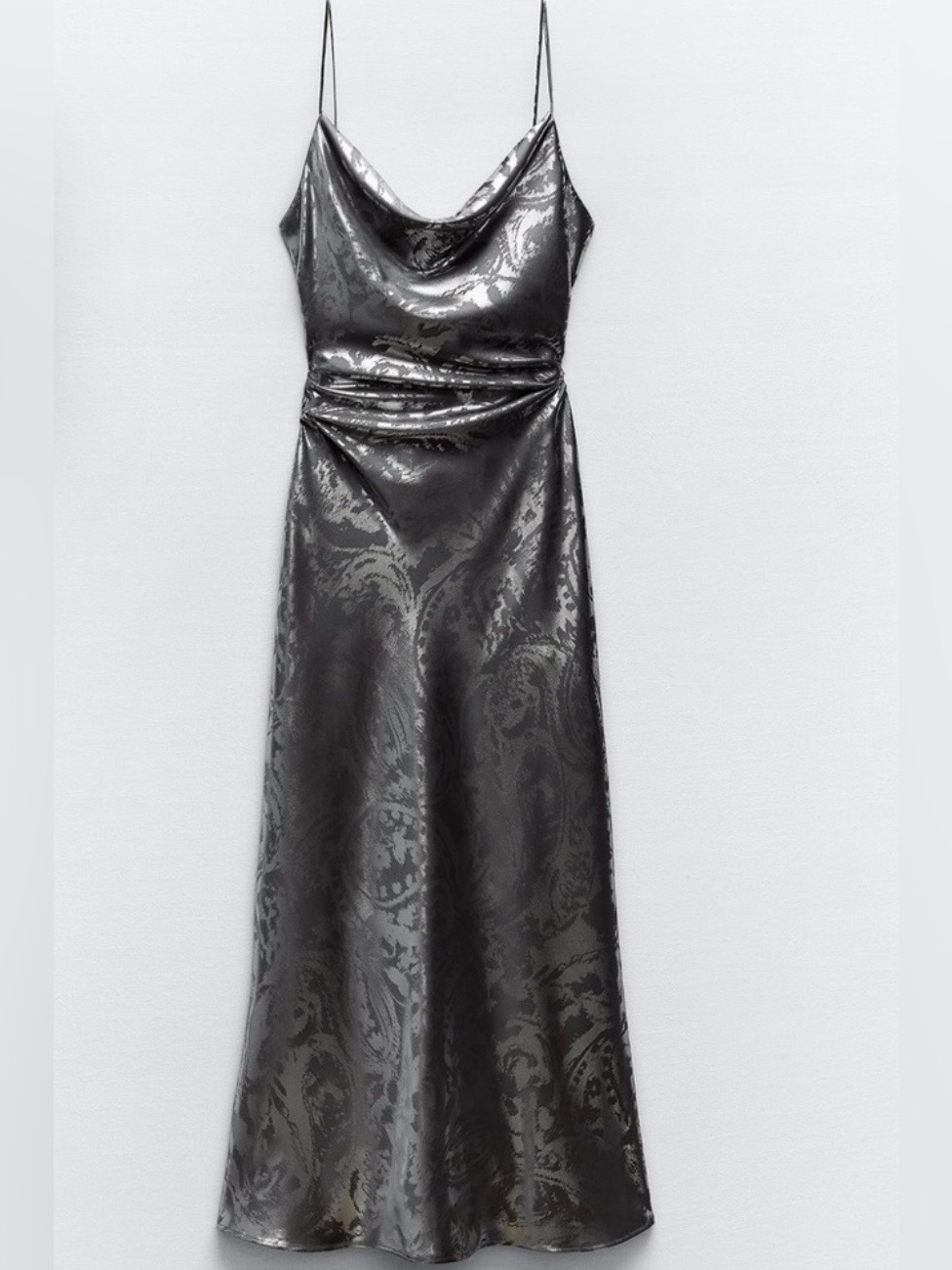 Zara Silver Satin Jacquard Maxi Slip Dress